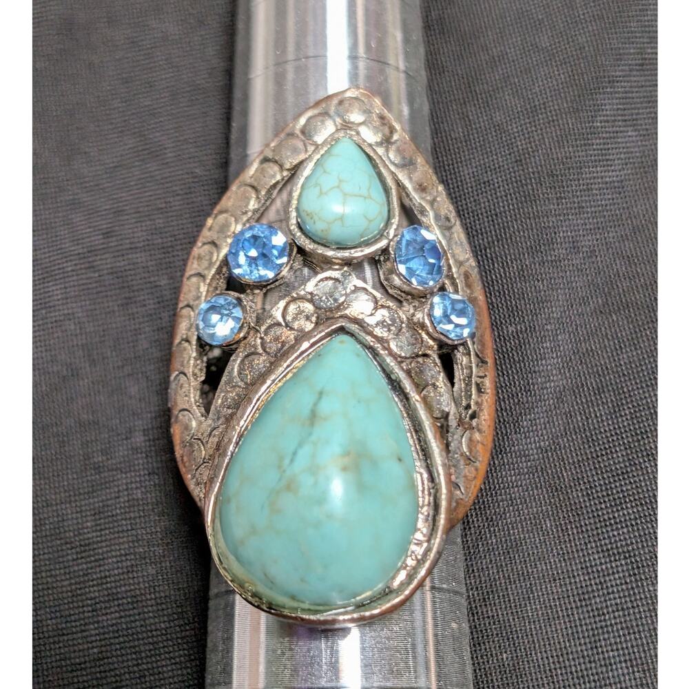 Vintage Blue Stone Rhinestone Teardrop Large Statement Ring Size 6.25 1.5in L